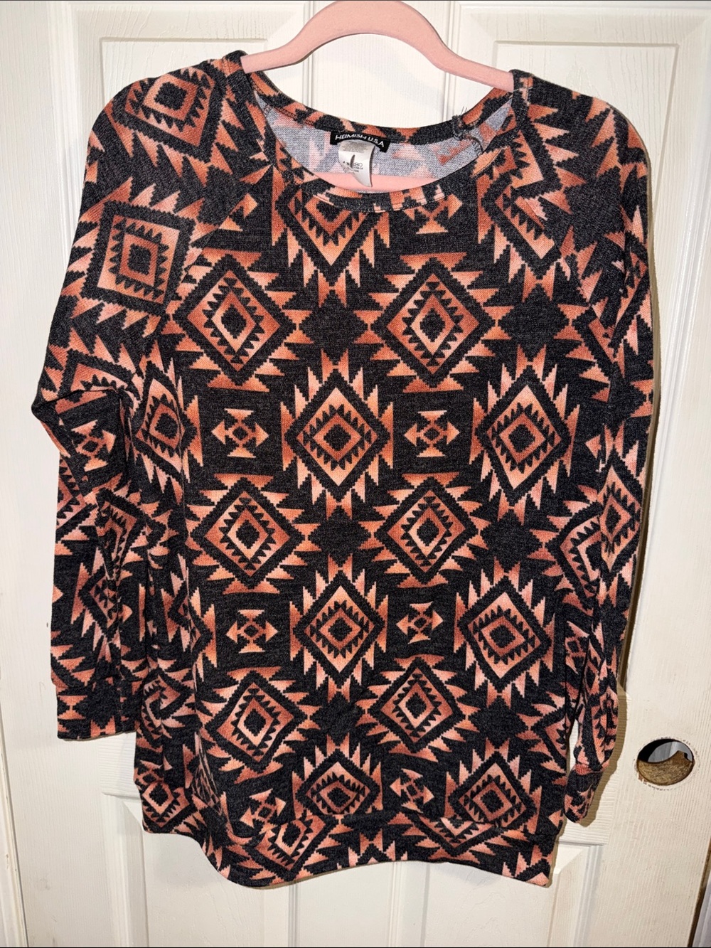 HEIMISH USA Black and Pink Aztec-Patterned Long Sleeve Sweatshirt